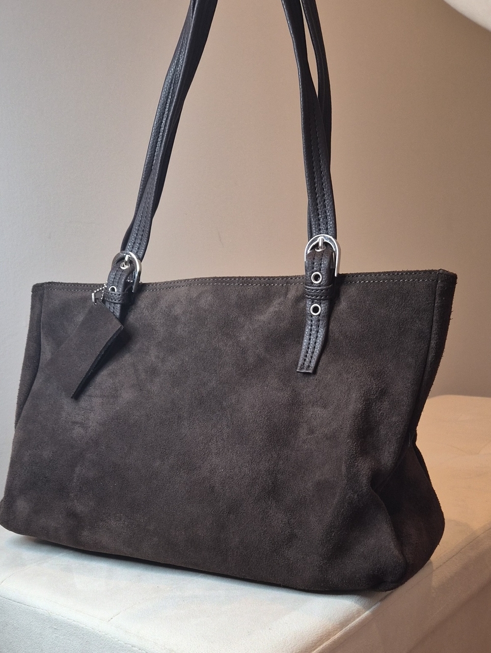 Chocolate Brown Suede And Genuine Leather Shoulder Tote Bag